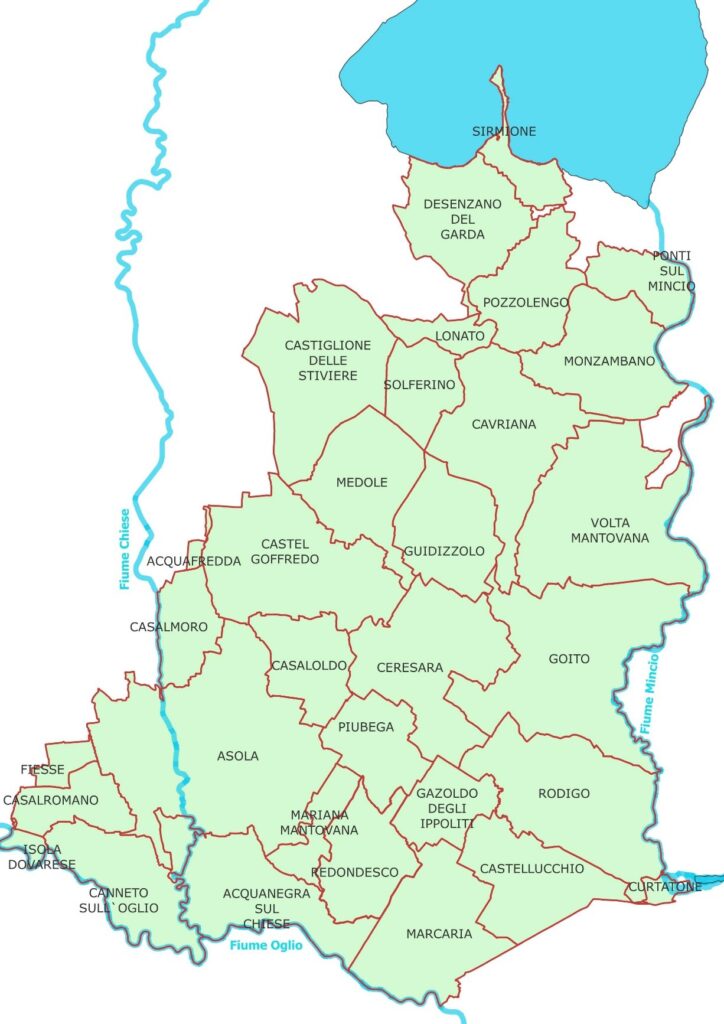 Mappa con i comuni compresi nel comprensorio consortile.